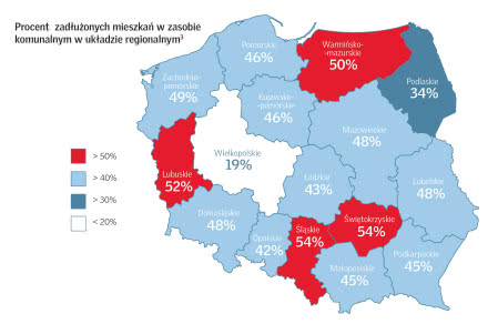 Odsetek zadłużonych mieszkań w polskich województwach.